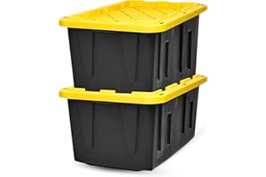 HOMZ 2-Pack Durabilt, Heavy Duty Plastic Storage Bins with Lids, 27 Gallon, Black/Yellow - Stackable Container Boxes for Home, Attic, and Garage Organization