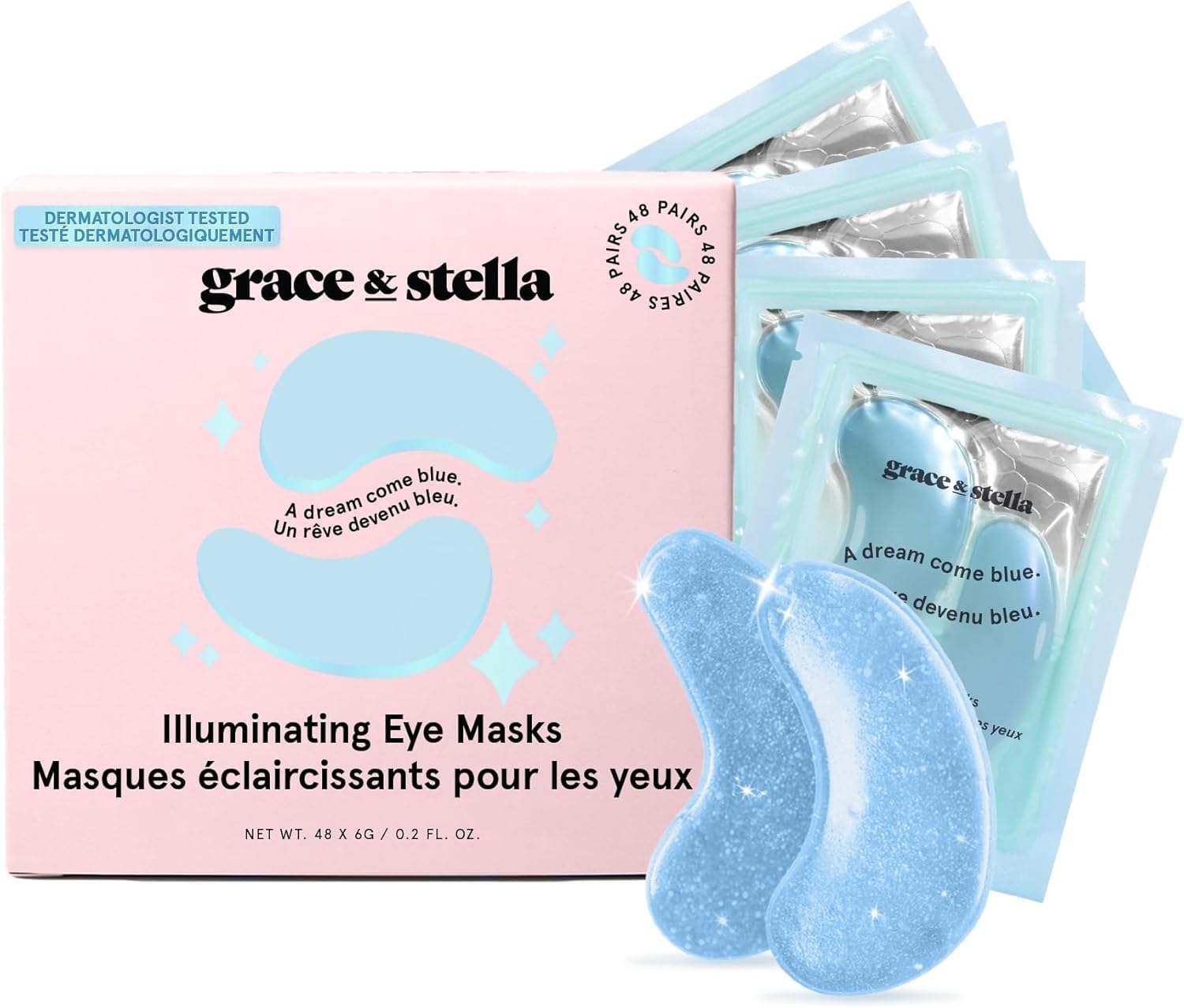 Award Winning Under Eye Mask - Reduce Dark Circles, Puffy Eyes, Undereye Bags, Wrinkles - Gel Under Eye Patches, Vegan Cruelty-Free Self Care by grace and stella (48 Pairs, Blue)