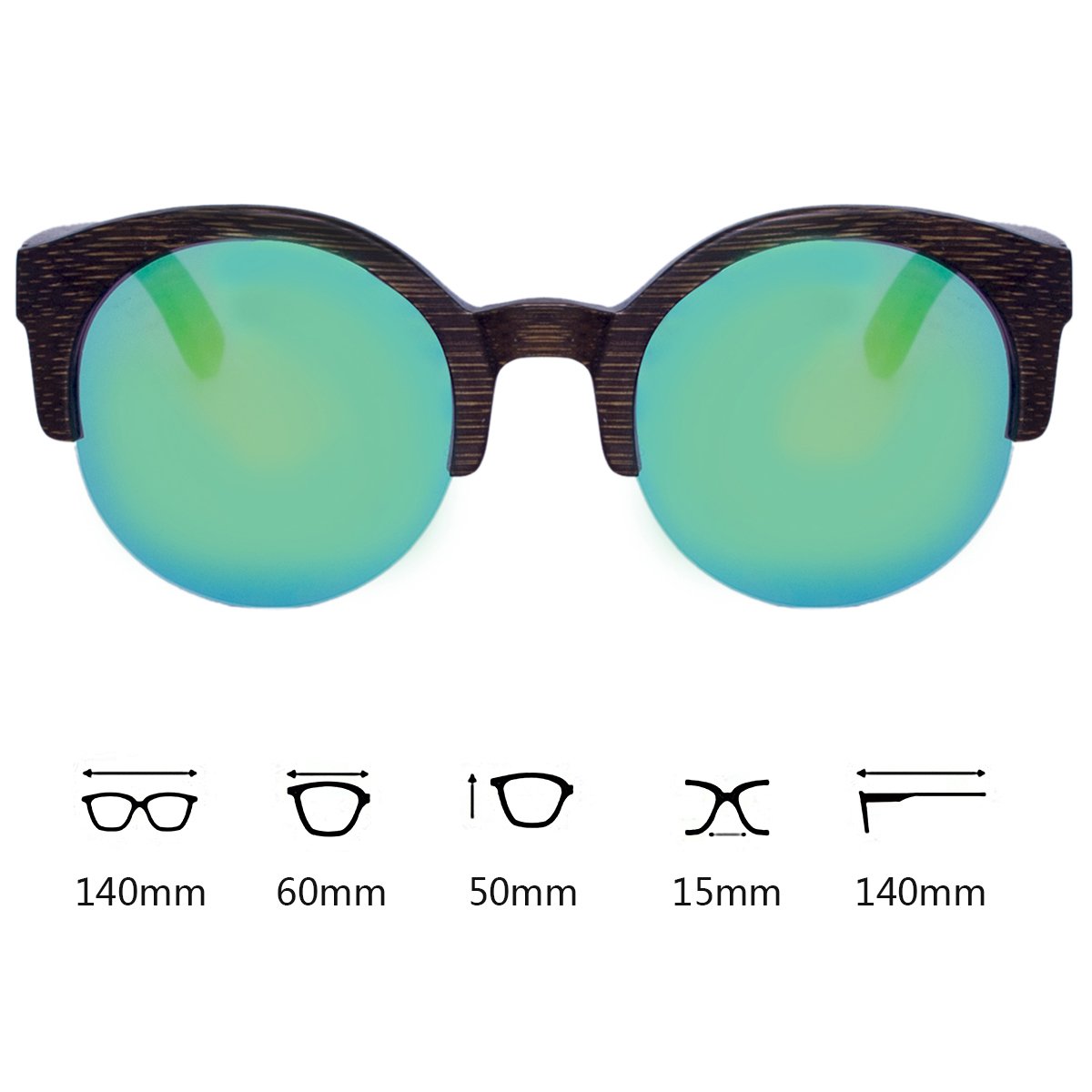 WISH CLUB Half Frame Round Wood Sunglasses Unisex Classic Mirrored Floating Vintage 60s Glasses(Green)