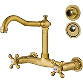 Airuida Wall Mounted 8 Inch Center Kitchen Sink Faucet Commercial Wall Mount Kitchen Tap Double Cross Handles 360 Rotatable S