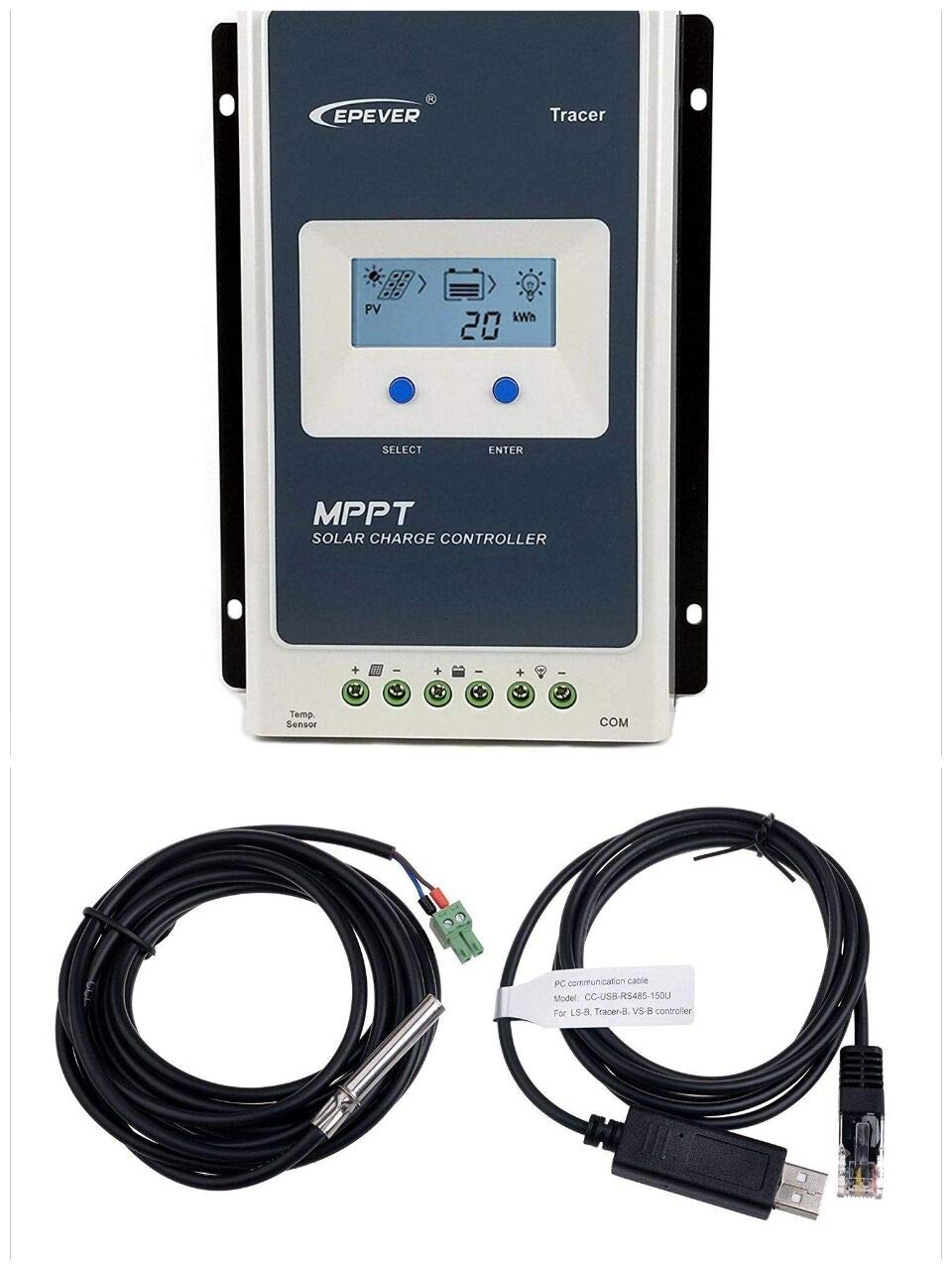 EPEVER MPPT 20A Solar Charge Controller 12V 24V Auto, 20 amp Solar Charge Regulator for Lead-Acid Lithium Batteries and Load Timer Setting (2210AN+RTS+150U)