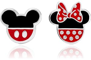 Disney Mismatched Mickey And Minnie Mouse Earrings for Official License, Silver-Plated Minnie and Mickey Stud Earrings