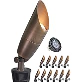 MALORY Solid Brass Landscape Spotlight 12-Pack with Bulb(S06), Low Voltage Front and Backyard Landscape Lighting with Large Rugged Slot Spike & Wire Connector,12V AC/DC Garden Patio Spot Up Light