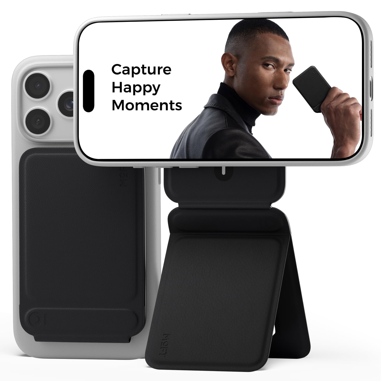 MOFT Phone Tripod Stand Selfie Stick for iPhone, Multi-Angles iPhone Stand, Lightweight & Portable Phone Holder, Strong Magnets, MOVAS Vegan Leather, Travel Essentials, Jet Black (Without Card Slot) — image 1