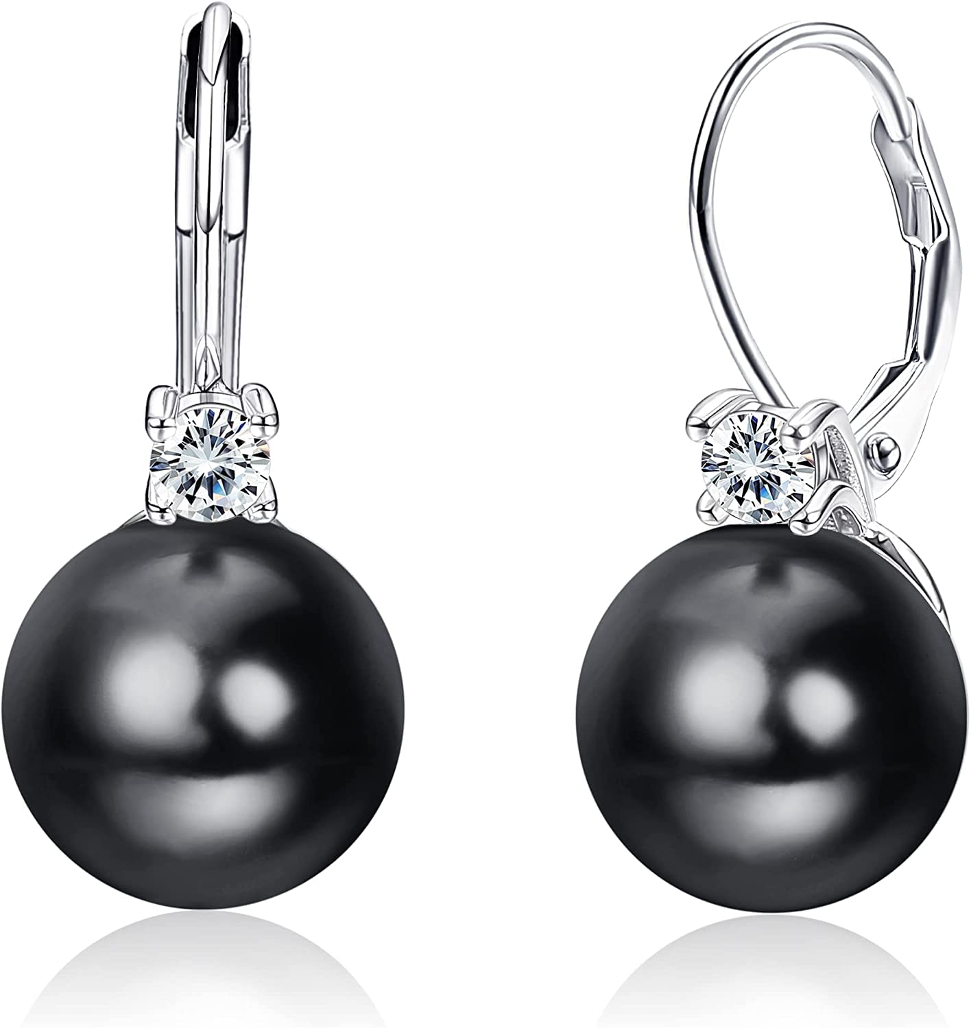 Milacolato 925 Sterling Silver Pearl Drop Earrings with Cubic Zirconia - 18k White Gold Plated Leverback Dangle Stud - Gift Boxed