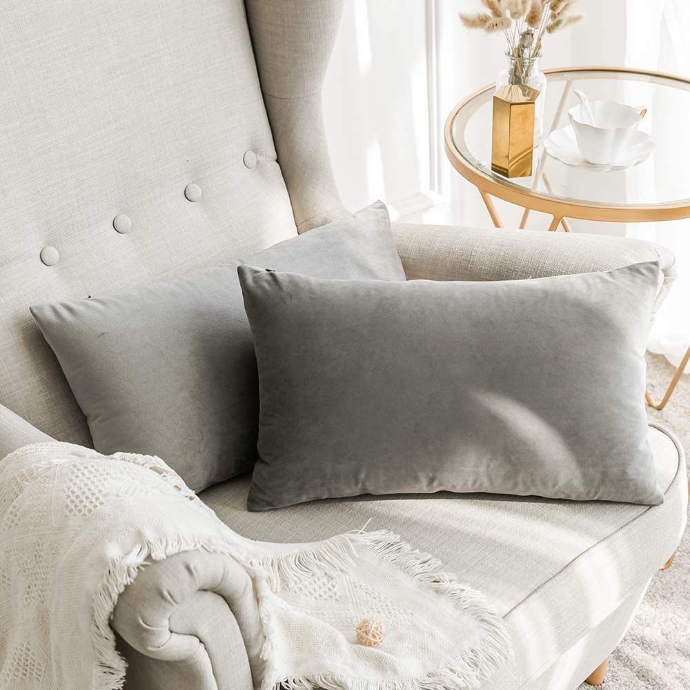 MIULEE Velvet Soft Decorative Square Throw Pillow Case Cushion Covers Pillowcases for Livingroom Sofa Bedroom with Invisible Zipper 16"x24" 40x60 cm 2 Pieces Grey