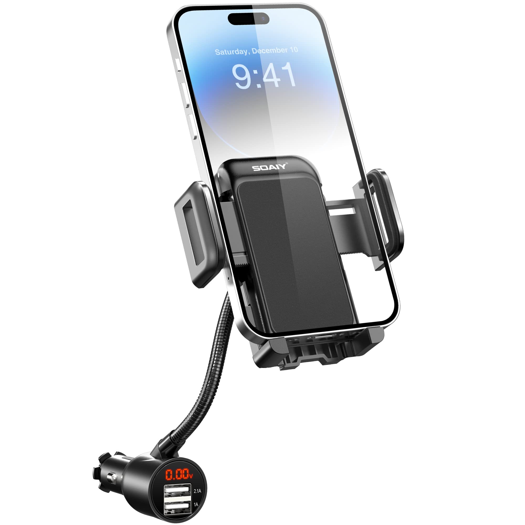 SOAIY 3-in-1 Cigarette Lighter Car Mount + Voltage Detector (Not for Center Console & Window), Dual USB 3.1A Charger with Adjust Gooseneck & 360° Rotating Car Mount Cradle for 1.7-3.7inch Width Phones