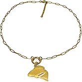 18K PVD Gold Stainless Steel Fish Pendant Necklace with Paperchain Style Chain, Spring Clasp
