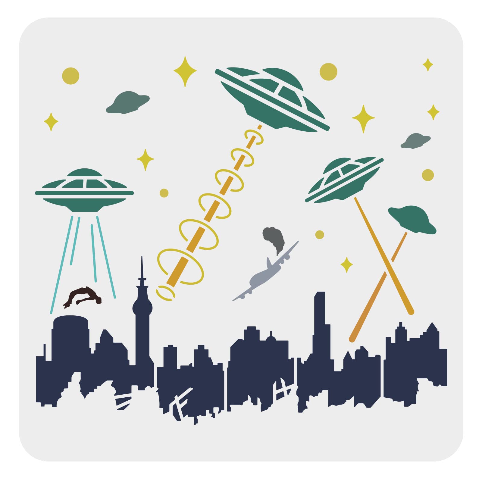 FINGERINSPIRE UFO Attack on City Stencil 30x30cm, Alien Template Stencils UFO Spaceship Humans City Buildings Pattern PET Reusable Large Stencils for Painting on Wood, Floor, Wall, Fabric
