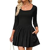Wenrine Womens Square Neck Mini Dress Casual Patchwork Slim Long Sleeve Ruffle Summer Short Dresses