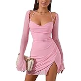 HTZMO Sexy Women's Halter Flounce Sleeves Ruched Mini Dress Sheer Mesh Side Split Cute Party Short Dresses