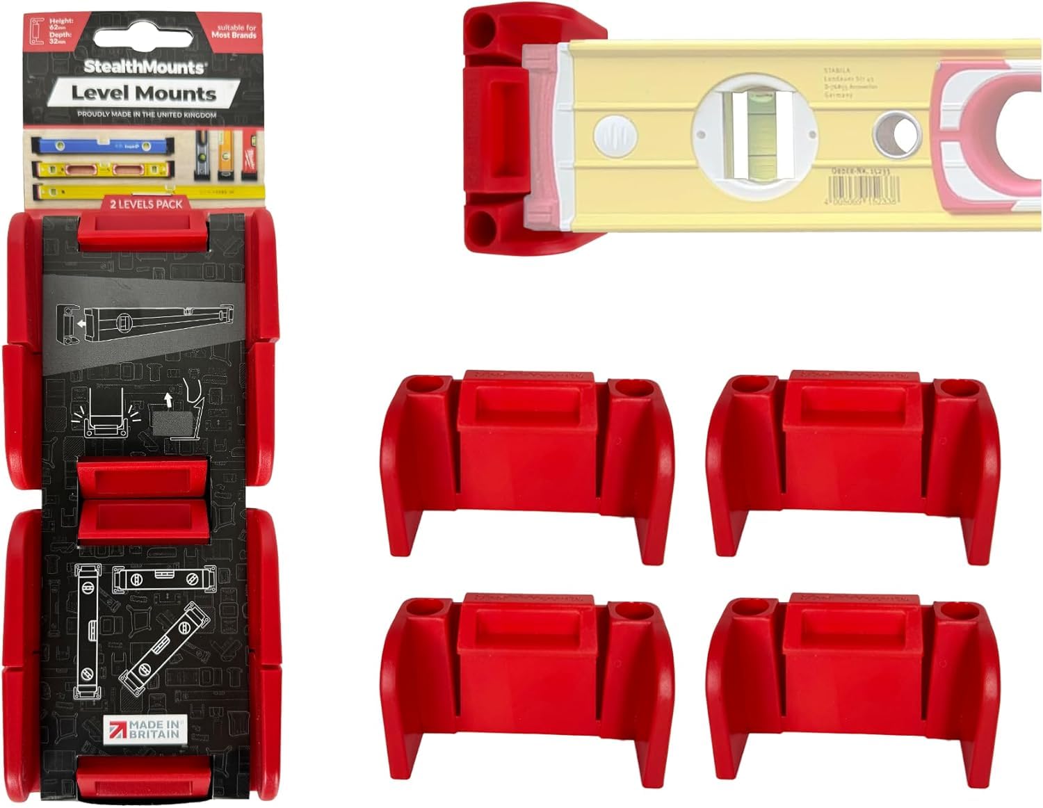 StealthMounts Universal Level Holder – 2 Pack Red Wall Mounts for Spirit Levels | Fits Most Brands | Locking Level Brackets for Workshop, Garage & Van Storage | Heavy Duty ABS | Made in The UK