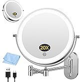 FUNTOUCH Rechargeable Wall Mounted Makeup Mirror with Lights,5000mAh Double Sided 3X/20X Magnifying,3 Color Lights,Touch Dimmable, Extended Arm 360 Rotation Lighted Bathroom Mirror with Magnification