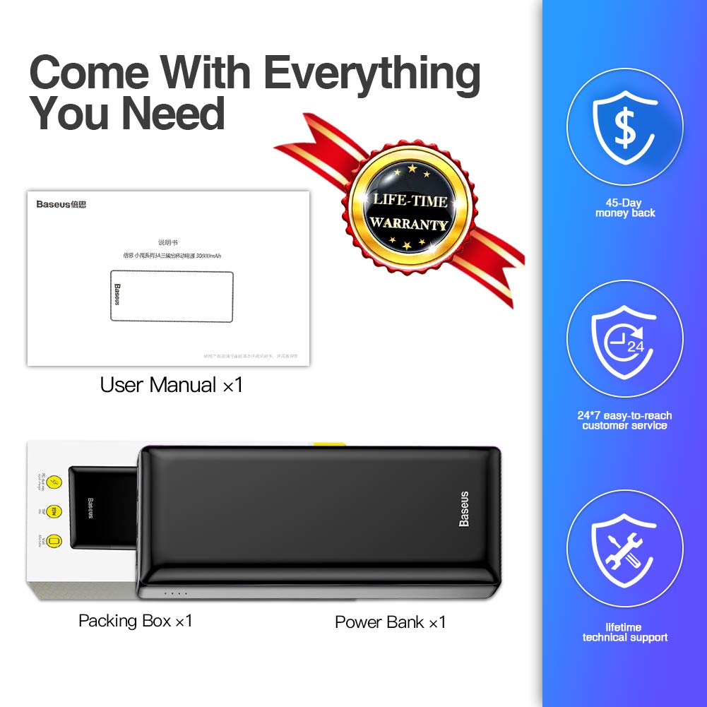 USB C Power Bank, Baseus 30000mAh Fast Charging External Battery Pack, 3 Output Port Portable Charger for iPhone 11 Pro Max, iPad, Mac, Samsung, Nintendo Switch, USB-C Laptops, Android and More