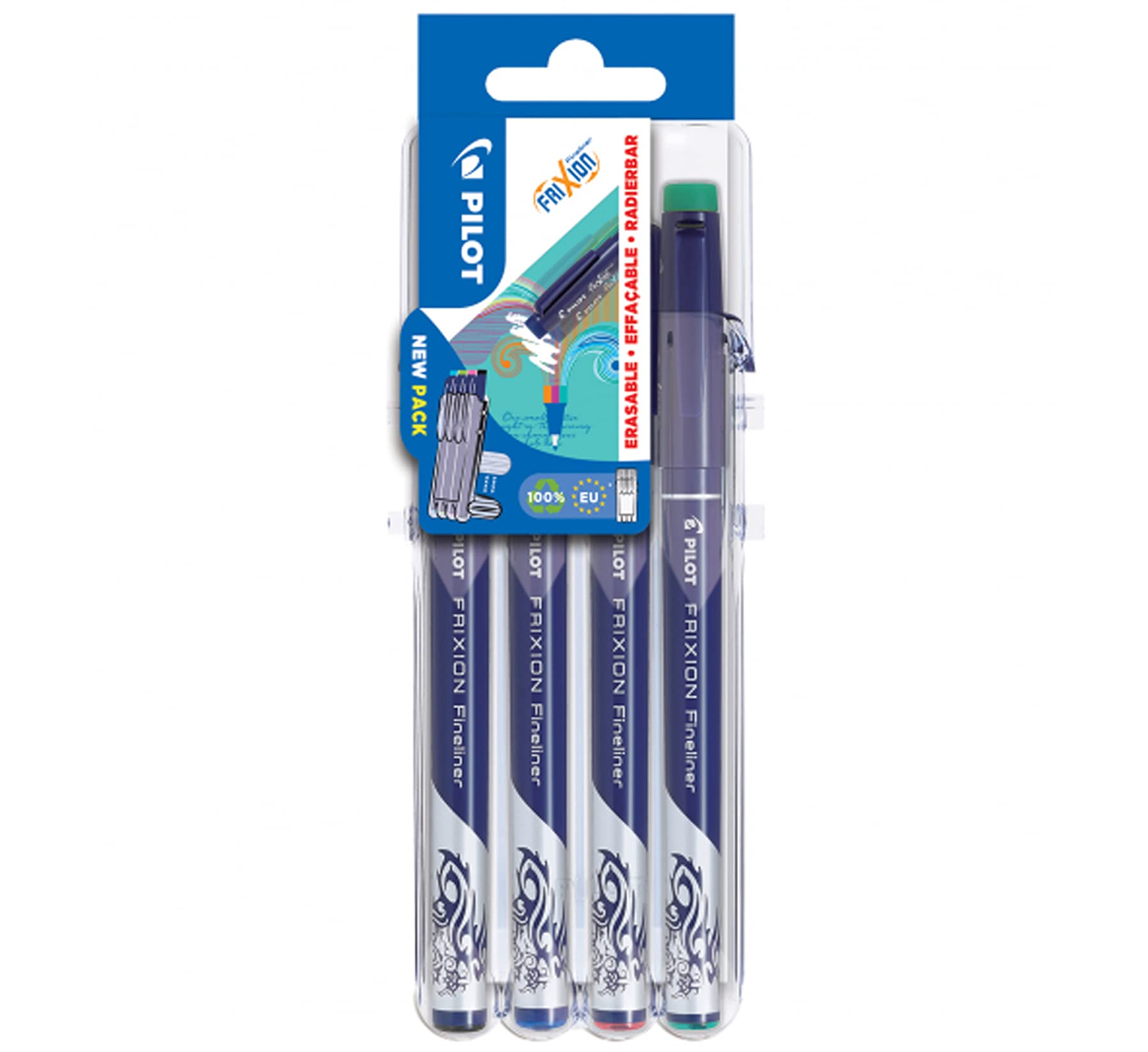 PILOT FriXion Erasable Fineliner - Set of 4 - Black, Blue, Red, Green - Fine Point