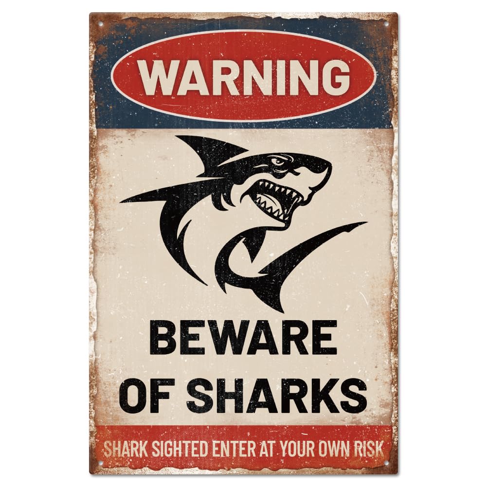 GLOBLELAND "Warning Beware Of Sharks" Metal Warning Shark Tin Sign 12x8in/30x20cm Funny Sarcastic Metal Tin Sign Danger Swmming Wall Decor for Garage Signs Garden Home Kitchen Bar Club Coffee Shop