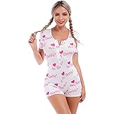 ABAFIP Women's Button V Neck Short Sleeve One Piece Shorts Romper Pajama Bodysuit Cute Print Bodycon Overall Jumpsuit Pjs