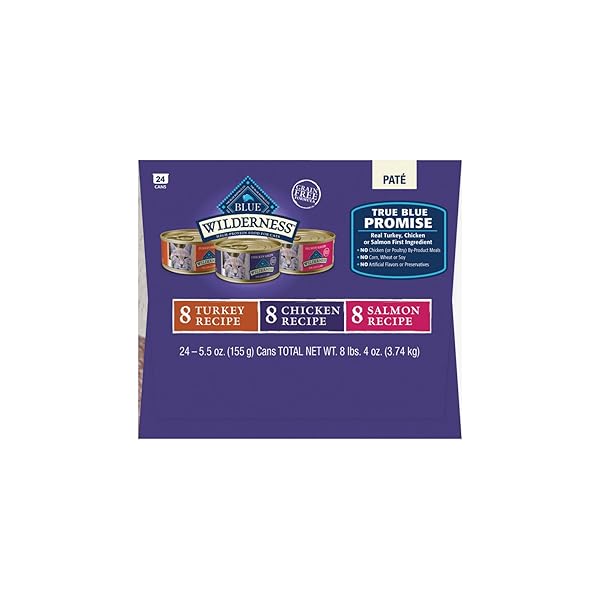 BLUE BUFFALO WILDERNESS HIGH PROTEIN, NATURAL ADULT PATE WET CAT FOOD VARIETY PACK, CHICKEN, SALMON, TURKEY 5.5-OZ CAN (24 COUNT – 8 OF EACH FLAVOR)