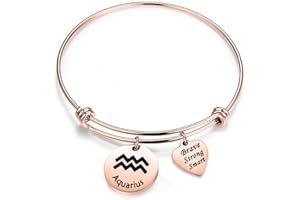 bobauna Rose Gold 12 Zodiac Signs Stainless Steel Expandable Wire Bangle Bracelet Birthday Gift for Her