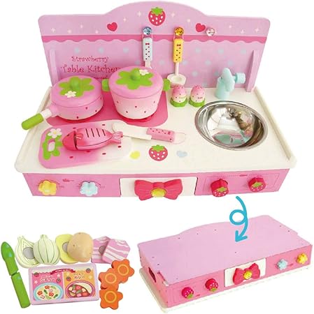 Amazon マザーガーデン 木のおままごと 木製 野いちご くるっと 収納 テーブルキッチン 桃 カレー シチューセット 小物9点 食材 一部組立 コンパクト キッチンセット 女の子 お料理ごっこ Mother Garden セット おもちゃ