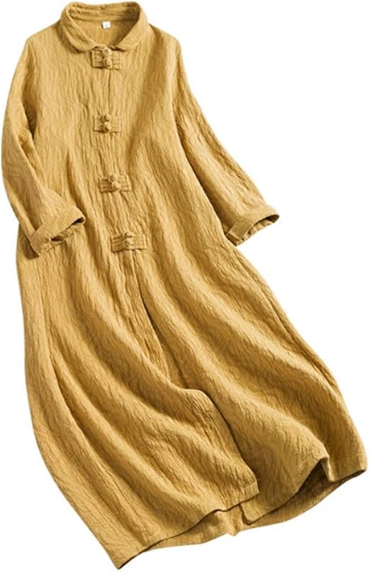 Amazon Yiming レディース 復古 ジャカード 綿麻 コート 中長丈 上着 中国風 文芸 亜麻 シングルボタン アジアン風 ファッション イエロー F コート ジャケット 通販