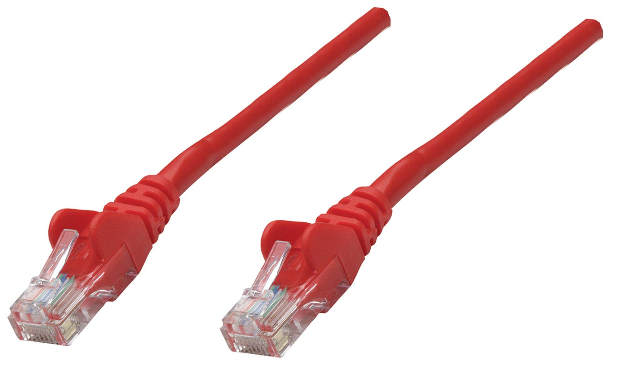 Intellinet Network Patch Cable, Cat5e, 0.25m, Red, CCA, SF/UTP, PVC, RJ45, Gold Plated Contacts, Snagless, Booted, Polybag