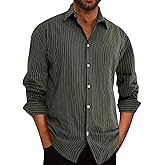 elselect Men's Button-Down Striped Shirts Casual Long Sleeve Cotton Linen Shirts for Men Collared Fashion Business Shirt Dark Green 3XL