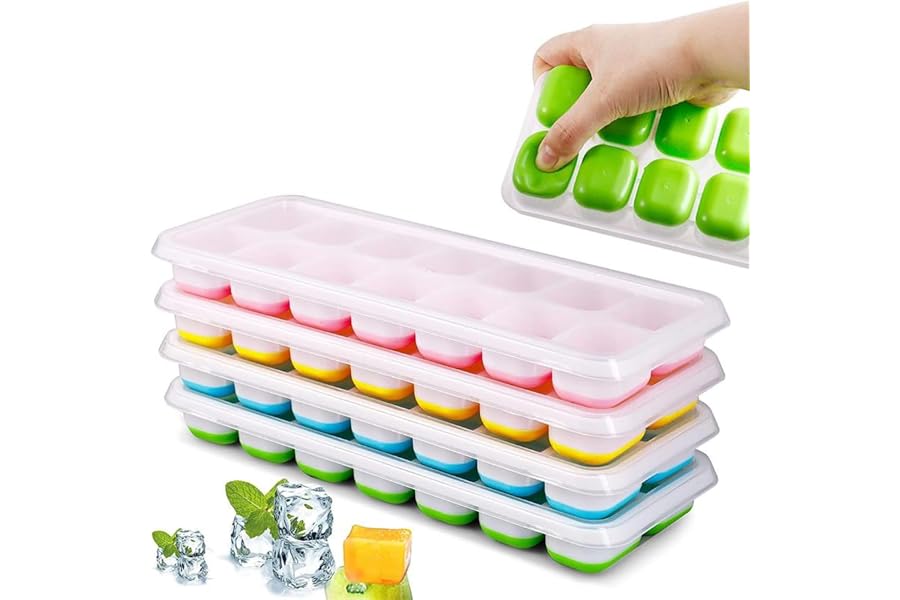 Kit 4 Unidades Forma Com Tampa Gelo Ice Flexivel Forminha Fundo Silicone 14 Cubos Alimentos Frutas Papinha