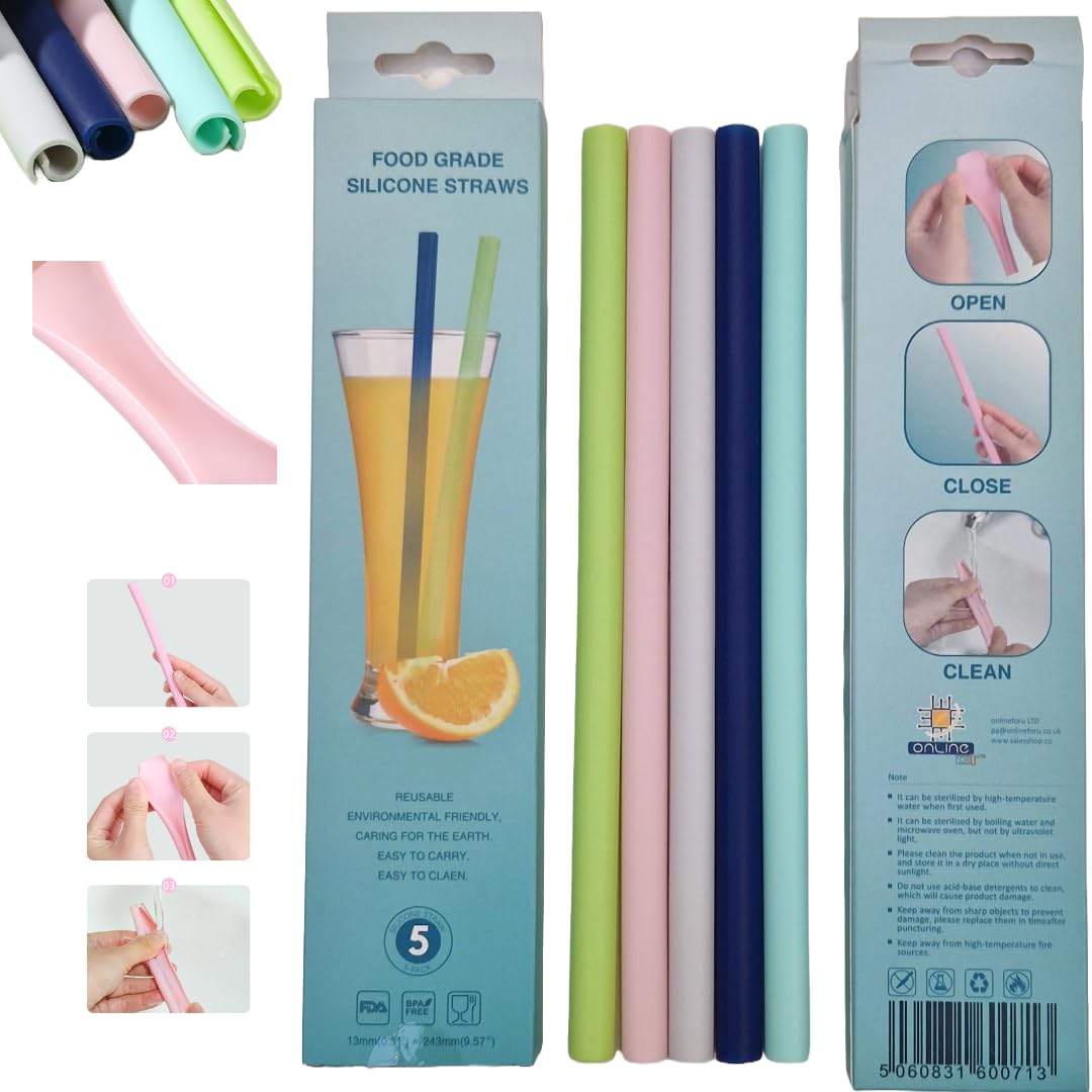 Onlineforu LTD Reusable Silicone Drinking Straws Set of Five Openable Straws for Smoothies Milkshakes Cocktails Boba Tea and Hot or Cold Drinks BPA Free and Easy to Clean