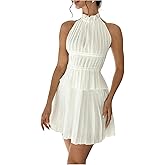 MakeMeChic Women's 2 Piece Outfits Tie Backless Halter Tops and Pleated Mini Skirt Sets