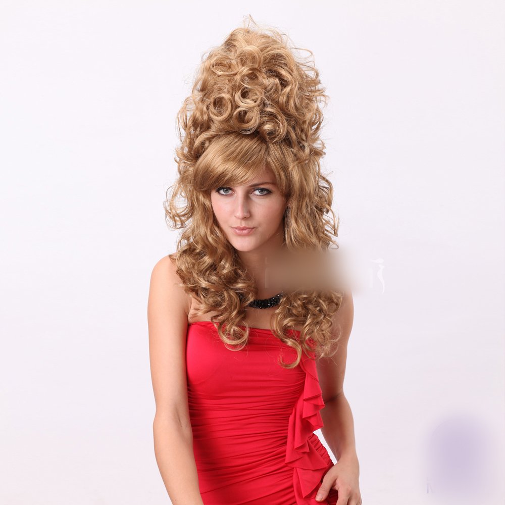 Bouffantlong Gold Curly Big Waves Full Fringe Bangs Hairstyle