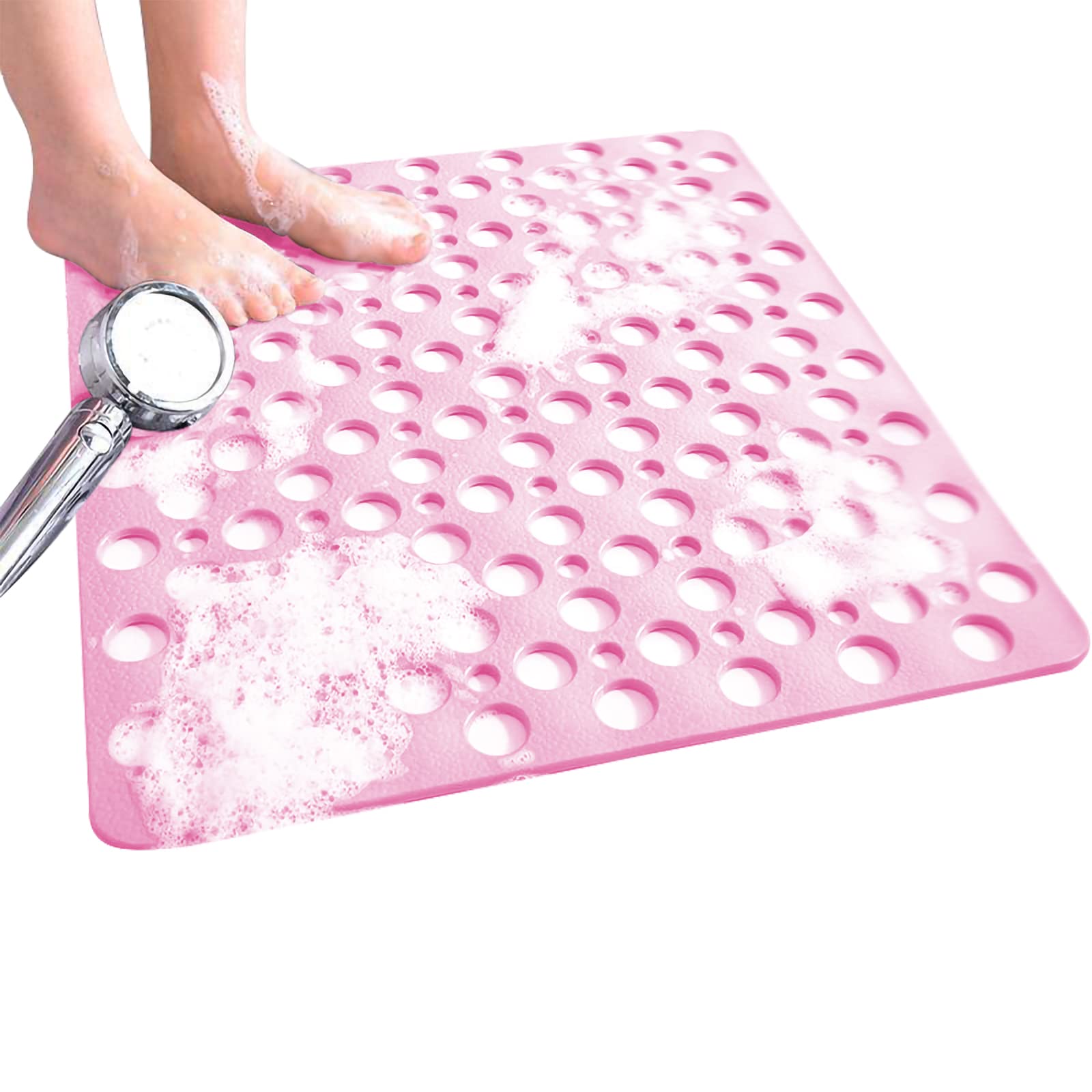 Venuso Square Shower Mats Non Slip Anti Mould, 53 x 53 cm Rubber Anti Slip Bath Mat with Drain Holes, Machine Washable, Pink