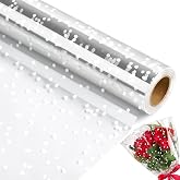 100 ftx34 in Extra Wide Clear Cellophane Wrap Roll | 2.5 Mil Thick Transparent Plastic with White Snow Dots | Bouquet, Baskets, Gifts, Crafts, Treats, Wrapping | Food Grade (34" Fold into 17")