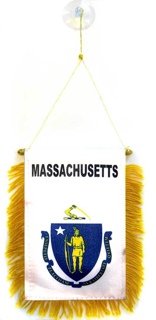 AZ FLAG - Massachusetts Mini Banner - 6'' x 4'' - 100% Polyester US state of Massachusetts Small Pennant for Car - Double-sided Flag with Suction Cup Hanger