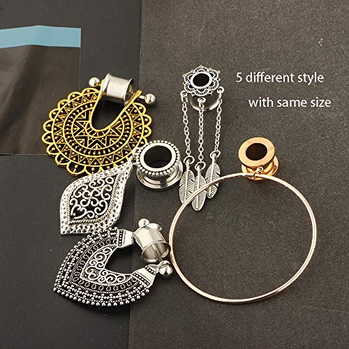 5 Pairs Stainless Steel Dangle Plugs for Women Rose Gold Hoop Double Flare Ear Tunnels Gauges Stretcher 00g Piercing Set (10mm=00g)