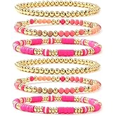 Bohxantium Gold Beaded Bracelets Set for Women Stocking Stuffers for Women Boho Dainty 14K Gold Plated Beads Ball Crystal Bracelet Stack Colorful Heishi Clay Jewelry Set Christmas Gifts for Her