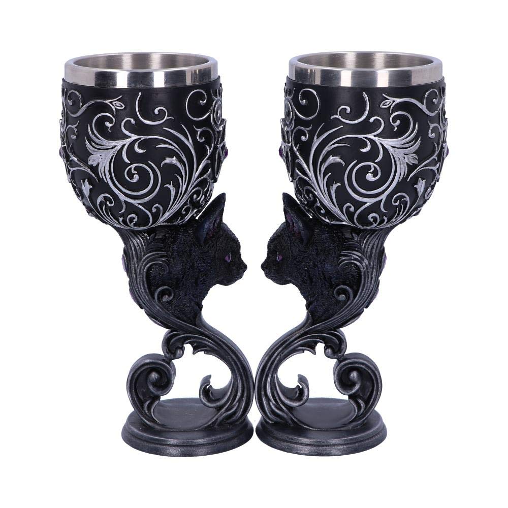 Nemesis Now Hex Twin Cat Heart Set of Two Goblets, Resin w/Stainless Steel Insert, Black and Silver, 2 Count (Pack of 1)