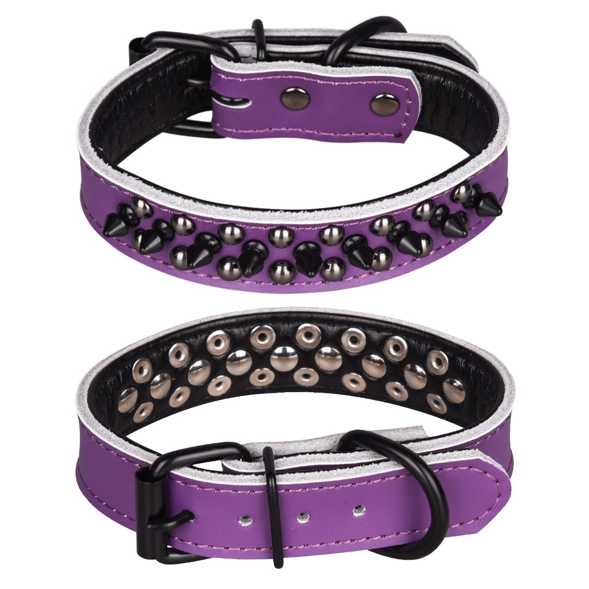 haoyueer Spiked Studded Dog Collar, Genuine Leather Dog Collar, Adjustable Pet Collars for Medium Large Bulldog Pitbull Mastiff Poodle Boxer (M, Purple-1)