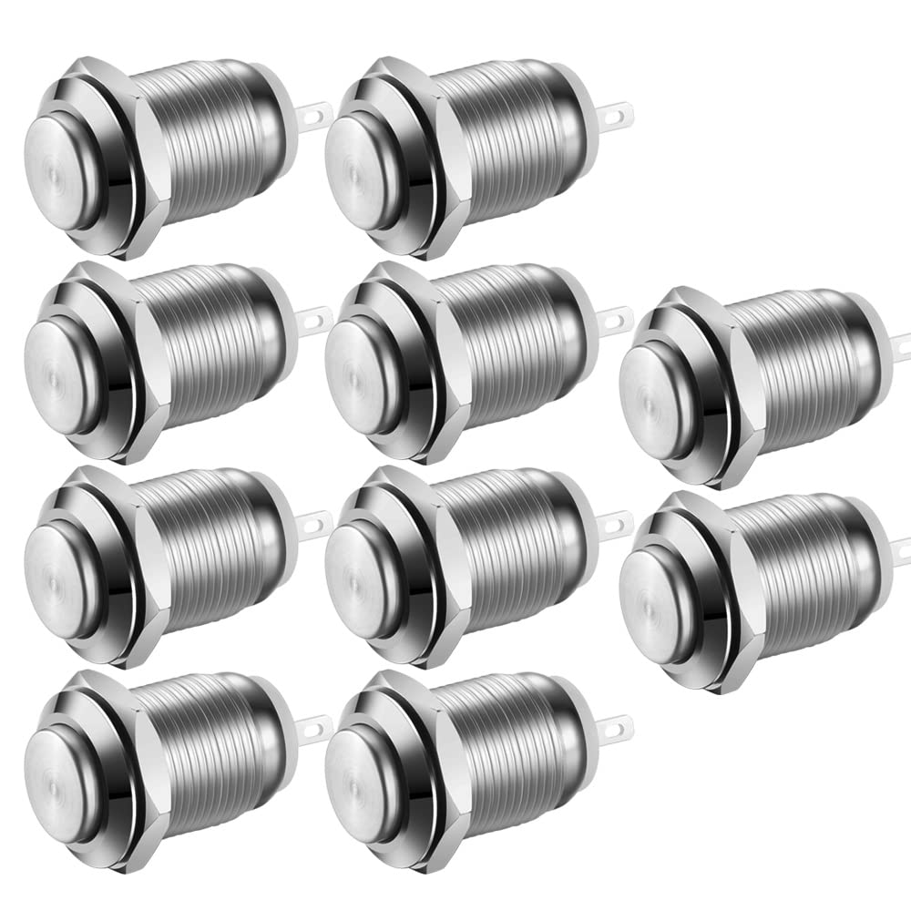 Gebildet 10 Pcs 12mm Waterproof Push Button Momentary Stainless Steel Push Button On Off 2A 12V/24V/125V/250V AC (High Head)