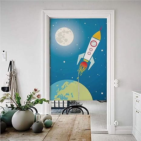 Amazon キッズ のれん おしゃれ 目隠し 幅72丈0cm ロケットギャラクシー宇宙飛行士宇宙船シャトル宇宙旅行月星と地球装飾 暖簾 ロング 目隠し 部屋間仕切り リビング カーテン のれん オンライン通販