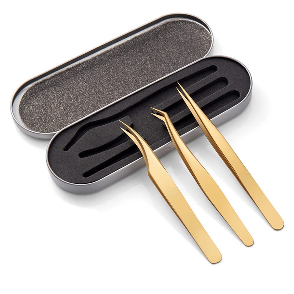 3 Pcs Eyelash Extension Tweezers Set, Stainless Steel Tweezers with Box, Stainless Steel Professional Lash Tweezers for Volume Lashes False Lash