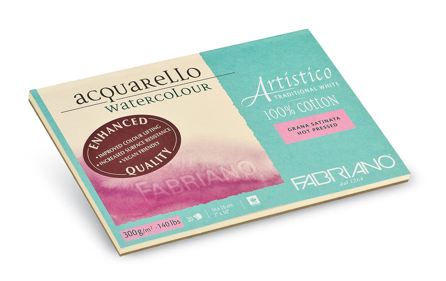 Fabriano Artistico Acquarello Watercolour, Natural White, Satin Hot Pressed, 18 x 26 cm, 20 Sheets 300 g/m², Artist Watercolour Cardboard, Glued on 4 Sides, Vegan