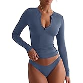 REORIA Double Lined Quarter Zip Sexy V Neck Long Sleeve Cropped Top Going Out Tops for Womens Fall Fashion 2025