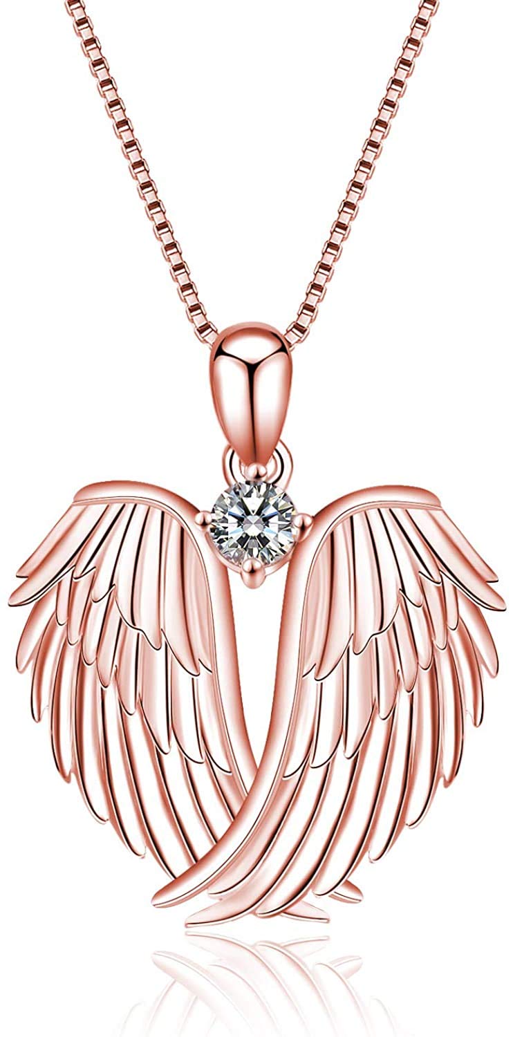 VONALA Guardian Angel Wings Necklace Sterling Silver Pendant with Sparkle Cubic Zirconia Jewellery For Women Girls Birthday Gift Birhstone April Rose Gold Plated — image 1