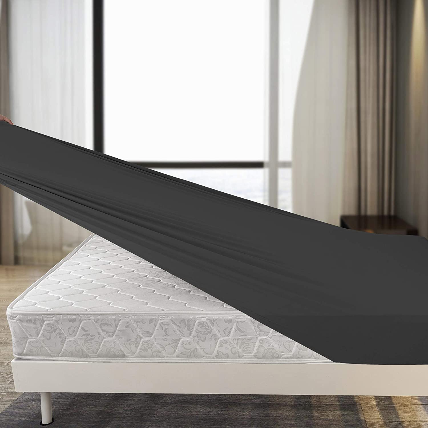 Deep Fitted Sheets Double Bed Grey | Jersey Cotton European Double Fitted Sheet | Gray Bedding Double 4 Way Stretch Fitted Sheet - Shrinkage and Fade Resistant. 140x200cm. — image 1