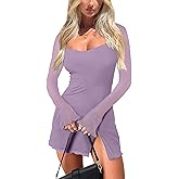 HYPERFIRE Women's Mesh Long Sleeve Square Neck Split Hem Party Club Cocktail Bodycon Mini Dress
