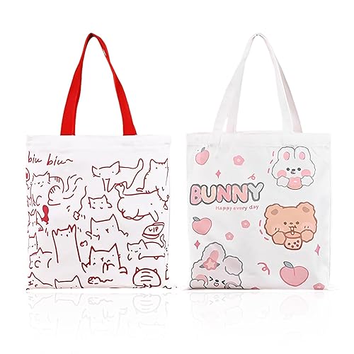CVFRTT 2 Pieces Cartoon Pattern Canvas Tote Bags, Creative Graffiti Design, Machine Washable, Unisex, Small to Medium, 15x20x1 cm