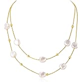 WASAIE Chunky Double Layered Pearl Choker Necklace For Women, 14K Gold Plated Stainless Steel Metal Chain, Simple White Pearl Statement Jewelry Necklace for Wedding Birthday