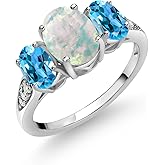 Gem Stone King 10K White Gold White Simulated Opal Swiss Blue Topaz and White Lab Grown Diamond 3 Stone Engagement Ring For Women (2.14 Cttw, Gemstone Birthstone)