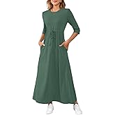 HipGlamp Women's Summer Casual Long Dress 3/4 Sleeve Crew Neck Drawstring Belt Fall Long Maxi Dresses with Pockets
